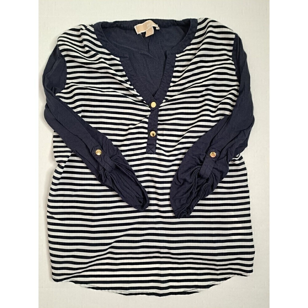 MICHAEL Kors Long Sleeve Tee L Roll Tab Sleeve V Neck Gold Buttons Casual Women